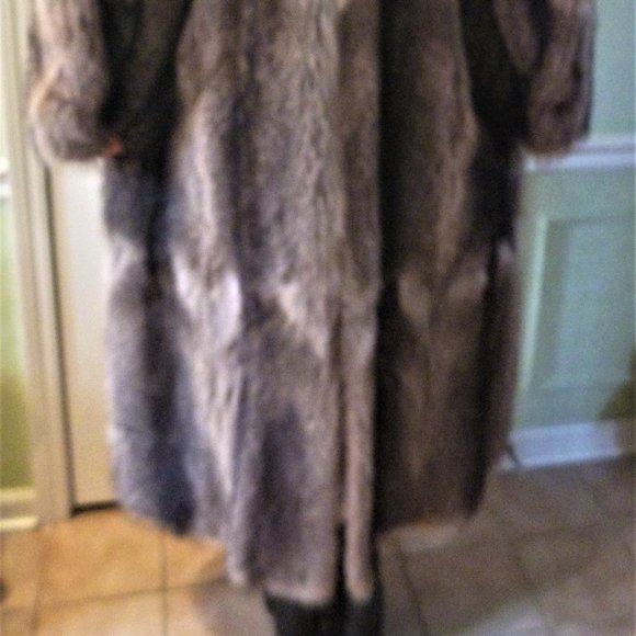 Long Racoon Real Fur Long Coat L Women Brown Gray USA Slit Ear Muffs Set - Picture 5 of 15